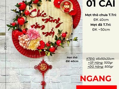 Vòng treo cửa Tết mẹt tre Chúc Mừng Năm Mới cành lựu quạt Đỏ [Vòng nhẹ] N50cm VTC-T-46